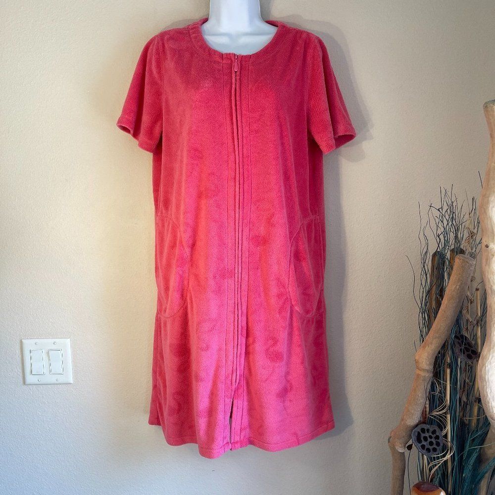 CW Classics Coral Pink Terry Zip Front Robe Beach Cover Up Flamingo Motif Size S